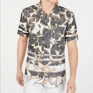 INC Men’s Fragmented Linen Print Short Sleeve Shirt, Sparkling Sun, M